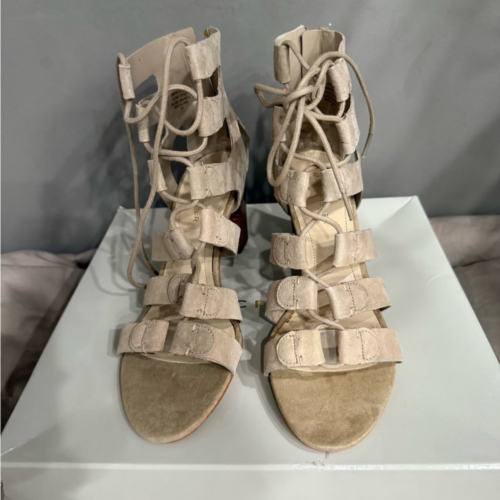 Marc Fisher Light Natural Suede Lace-Up Sandals